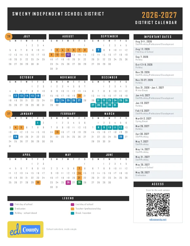 Sweeny Independent School District printable 2026-27 calendar