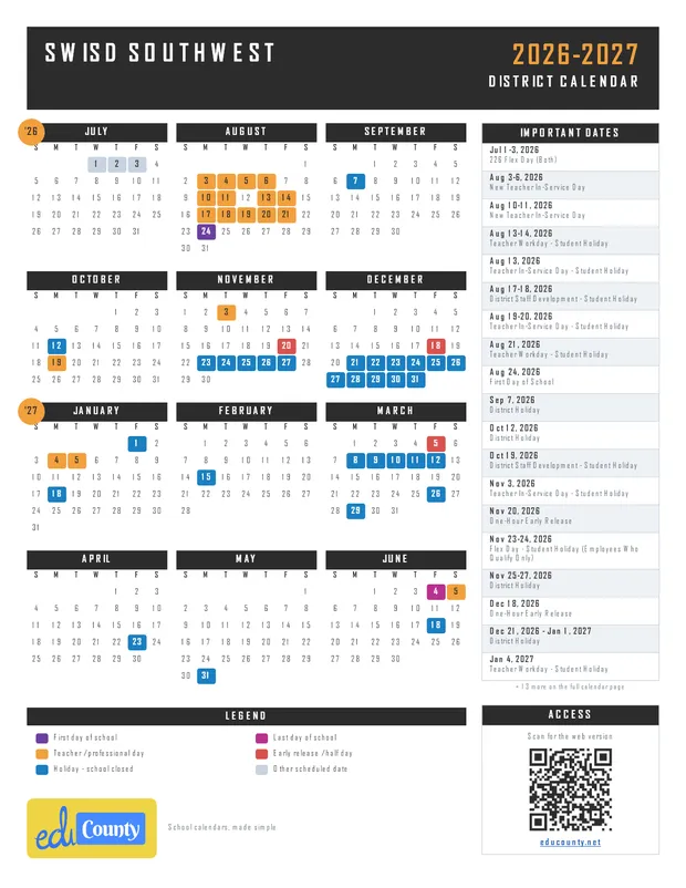 SWISD Southwest ISD printable 2026-27 calendar