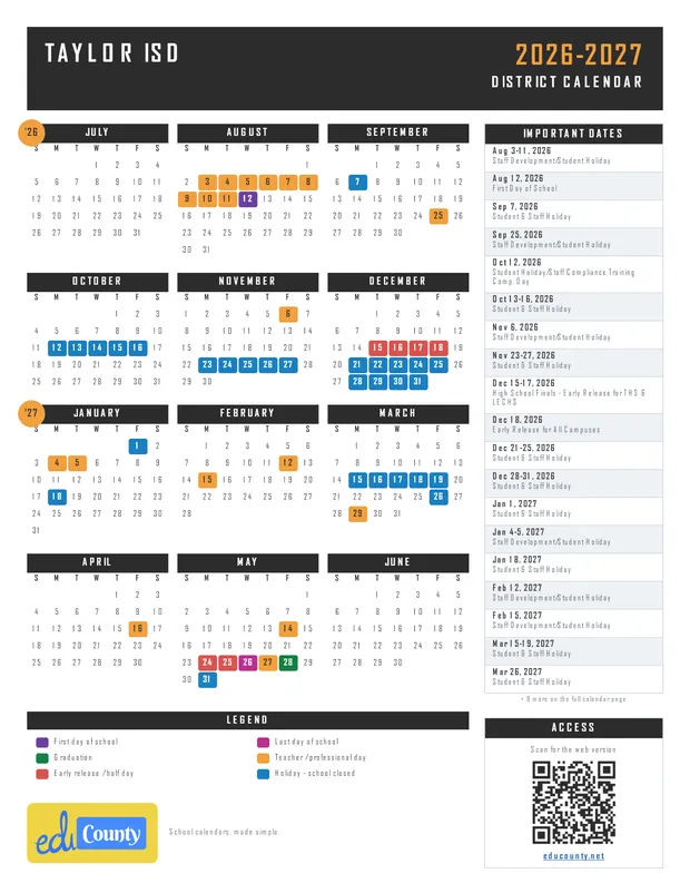 Taylor ISD printable 2026-27 calendar