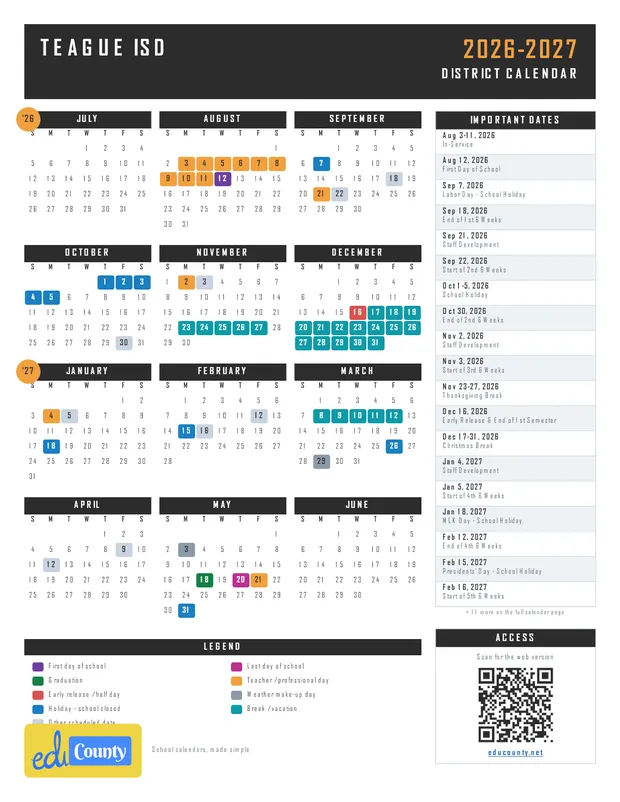 Teague ISD printable 2026-27 calendar