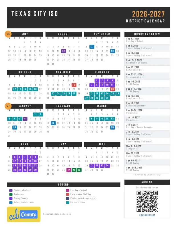Texas City ISD printable 2026-27 calendar