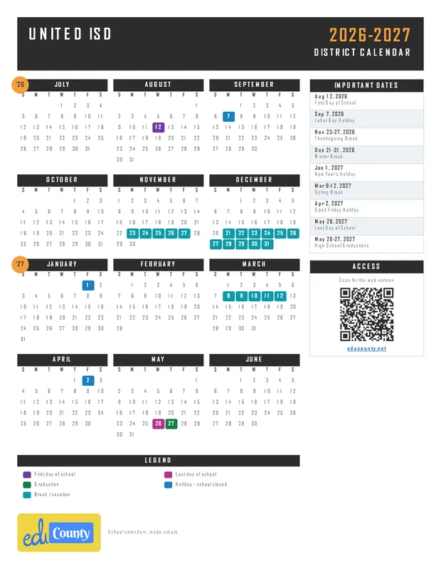 United Independent School District ISD printable 2026-27 calendar