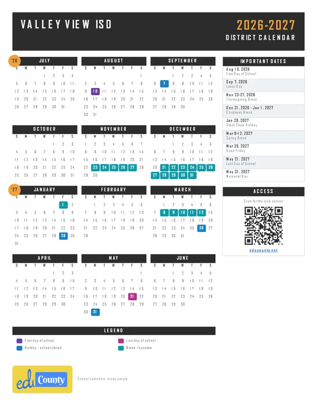 Valley View ISD printable 2026-27 calendar