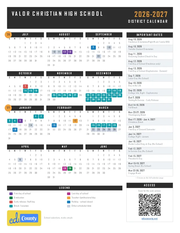 Valor Christian High School printable 2026-27 calendar