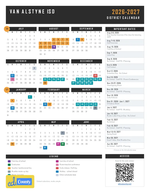 Van Alstyne ISD printable 2026-27 calendar
