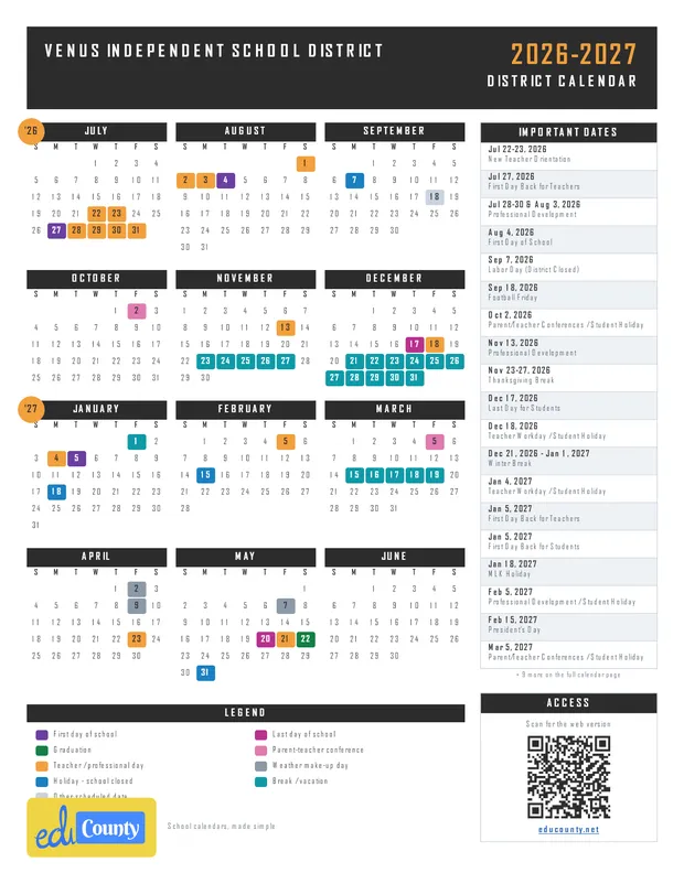 Venus Independent School District printable 2026-27 calendar