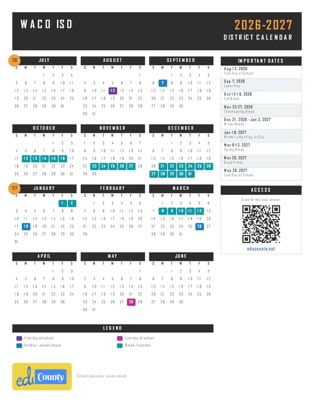 Waco ISD printable 2026-27 calendar
