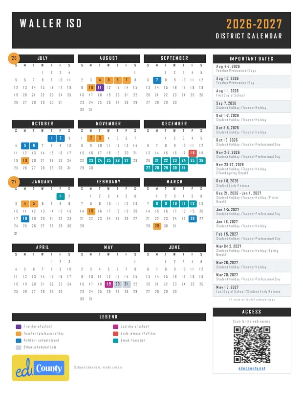 Waller Independent School District ISD printable 2026-27 calendar
