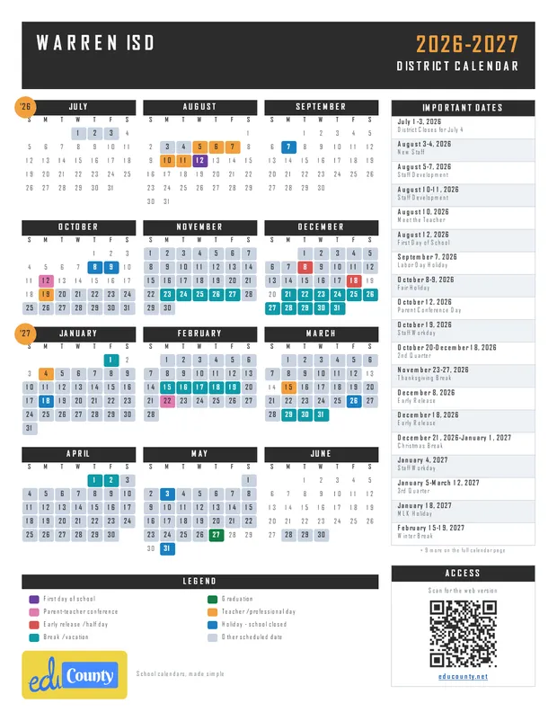 Warren ISD printable 2026-27 calendar