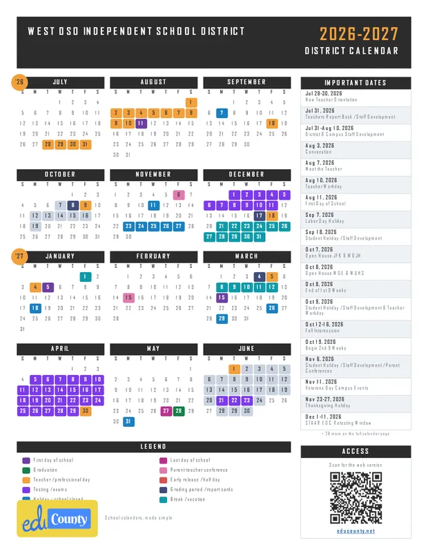 West Oso Independent School District printable 2026-27 calendar