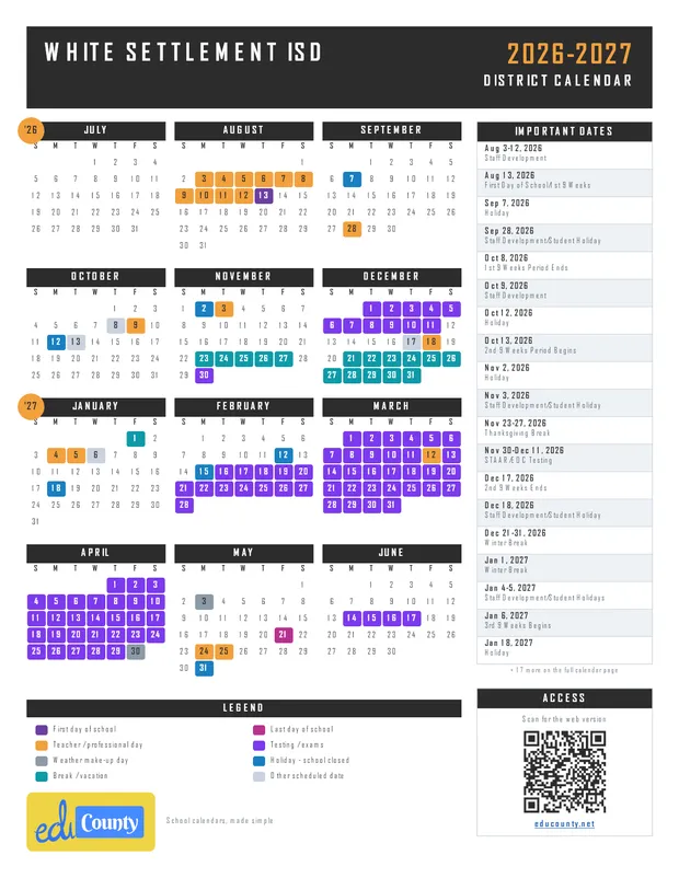 White Settlement ISD printable 2026-27 calendar