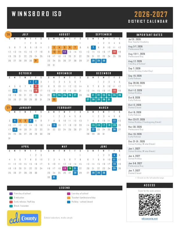 Winnsboro ISD printable 2026-27 calendar