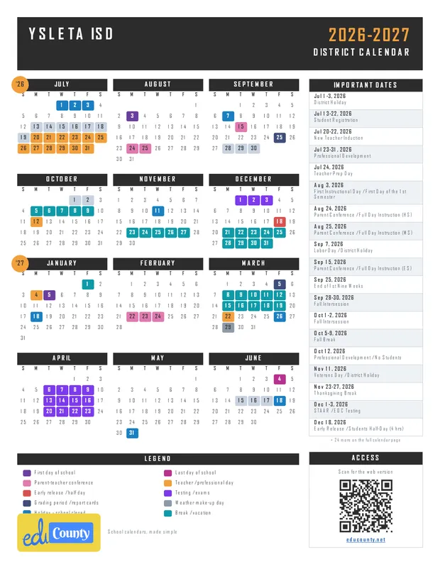 Ysleta ISD printable 2026-27 calendar