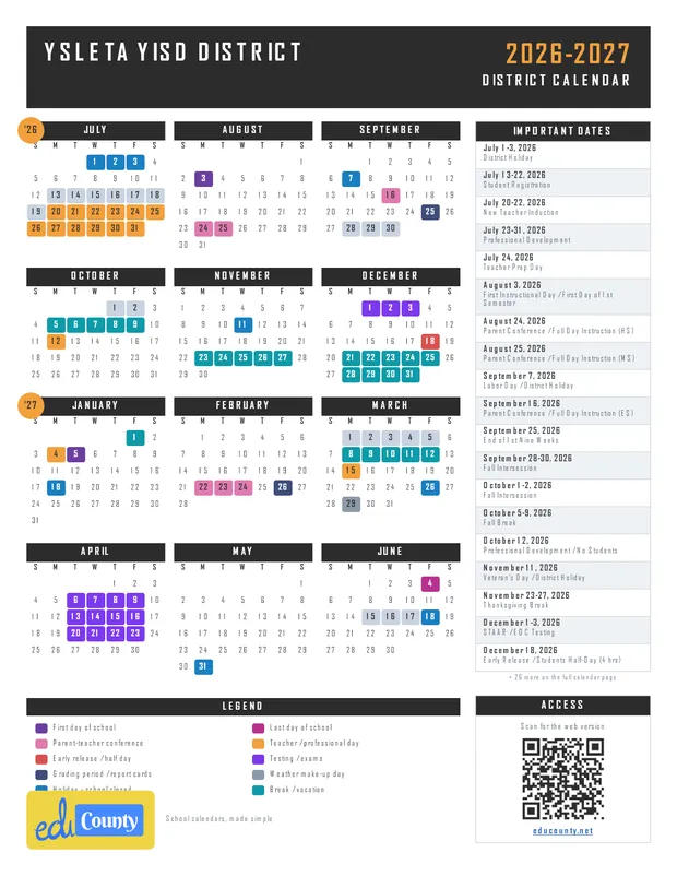 Ysleta YISD District ISD printable 2026-27 calendar