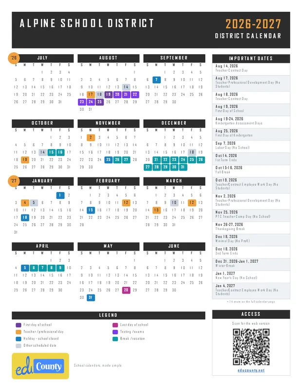 Alpine School District printable 2026-27 calendar