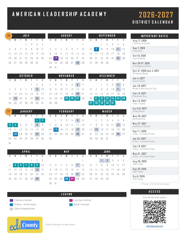 American Leadership Academy printable 2026-27 calendar