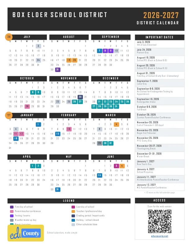 Box Elder School District printable 2026-27 calendar