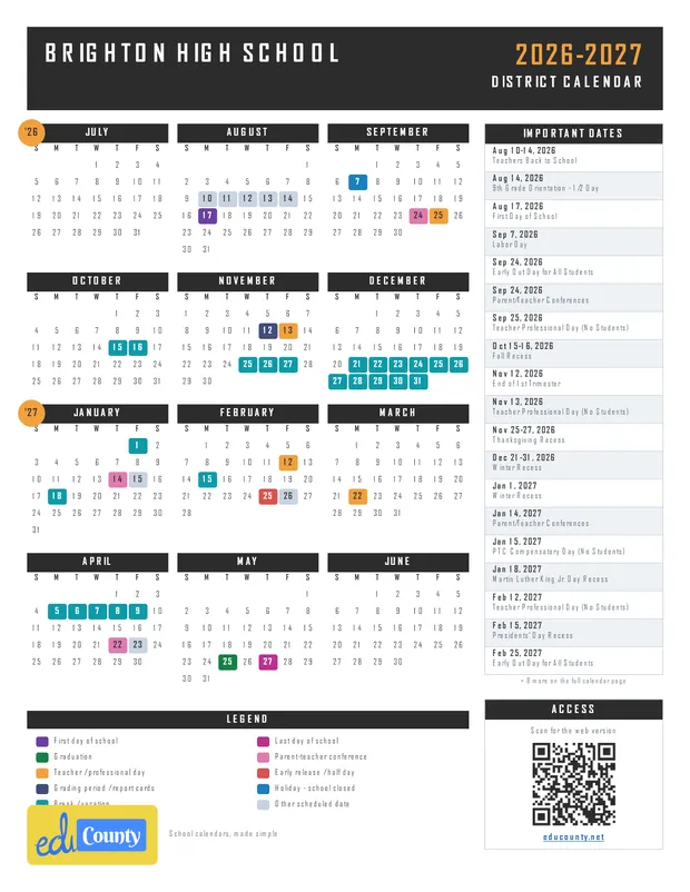 Brighton High School printable 2026-27 calendar