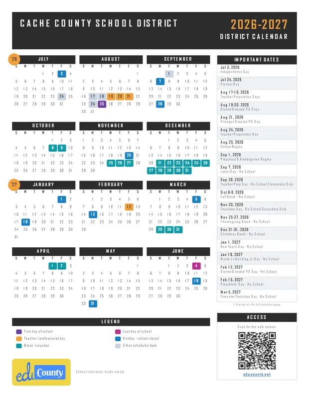 Cache County School District printable 2026-27 calendar