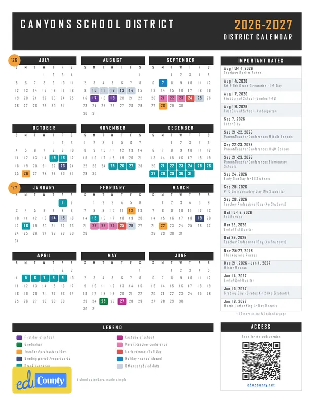 Canyons School District printable 2026-27 calendar