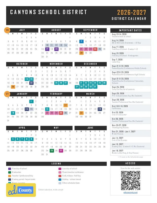 Canyons School District printable 2026-27 calendar