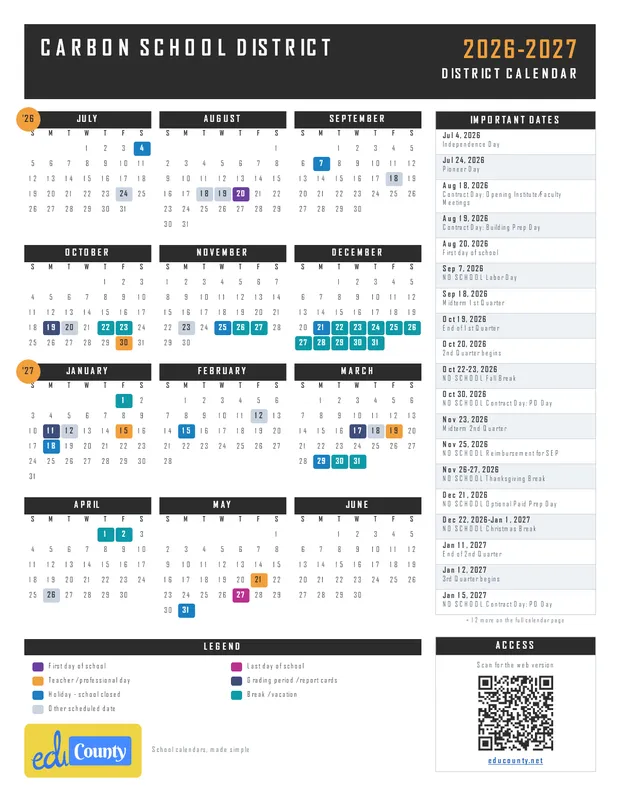 Carbon School District printable 2026-27 calendar