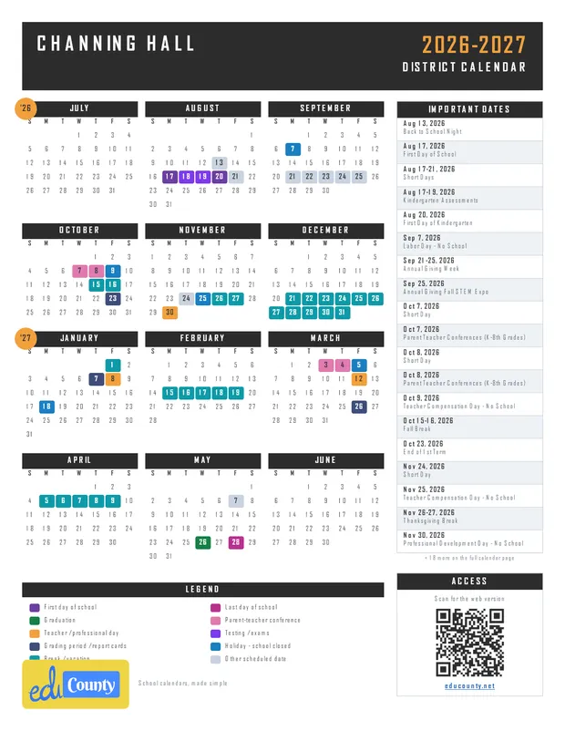 Channing Hall printable 2026-27 calendar