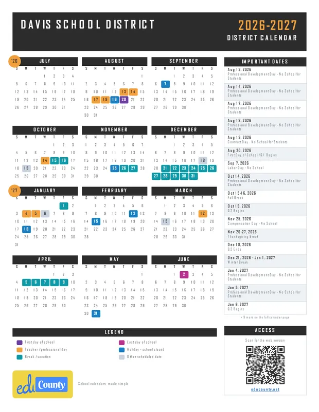 Davis School District printable 2026-27 calendar