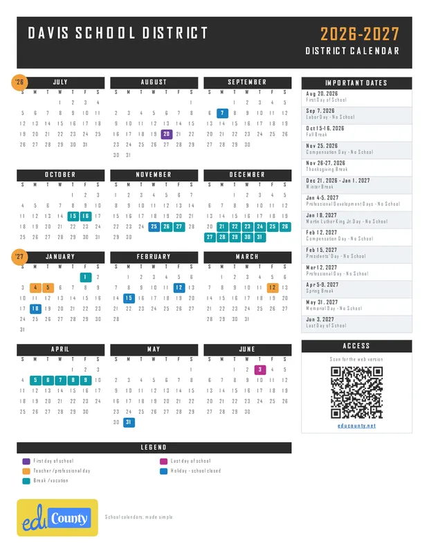 Davis School District printable 2026-27 calendar