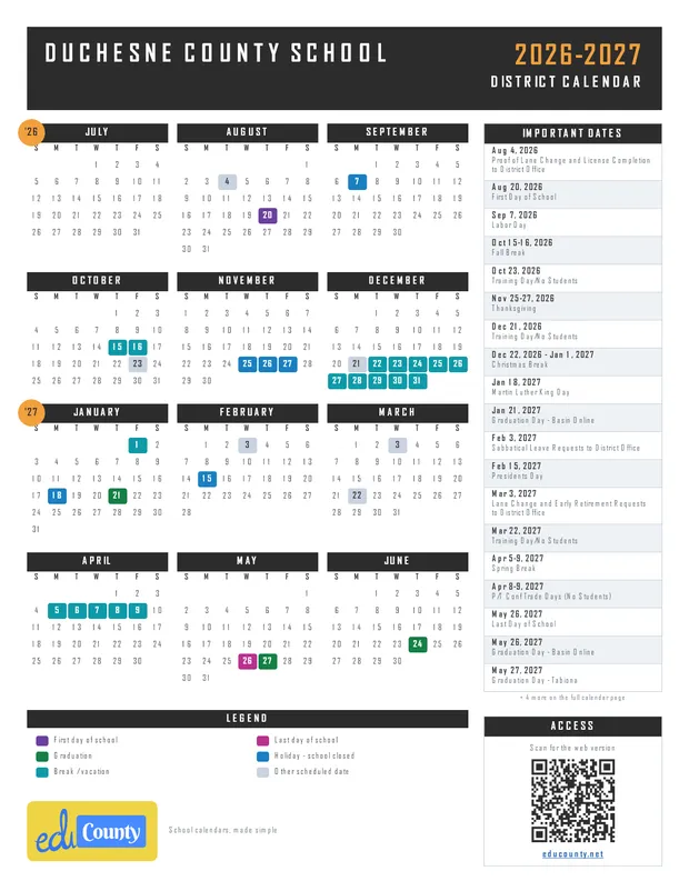 DUCHESNE COUNTY SCHOOL printable 2026-27 calendar
