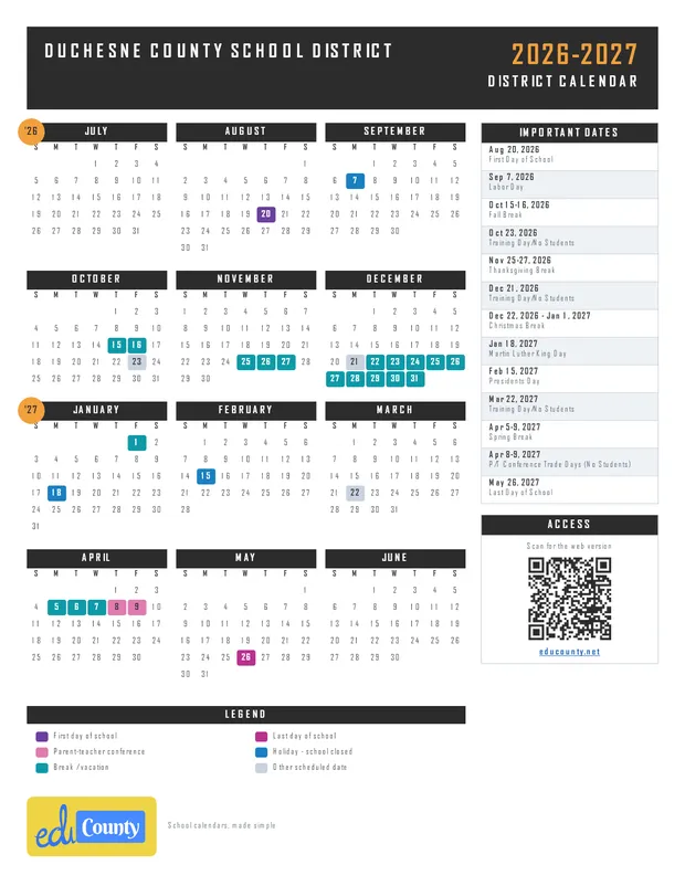 DUCHESNE COUNTY SCHOOL DISTRICT printable 2026-27 calendar