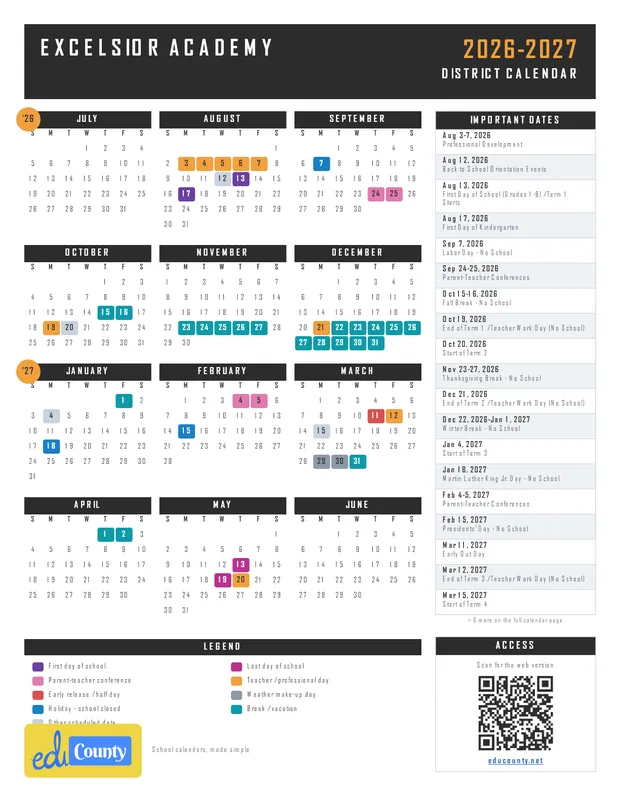 Excelsior Academy printable 2026-27 calendar