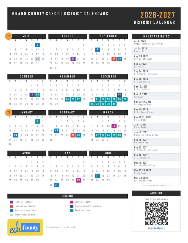 Grand County School District Calendars printable 2026-27 calendar