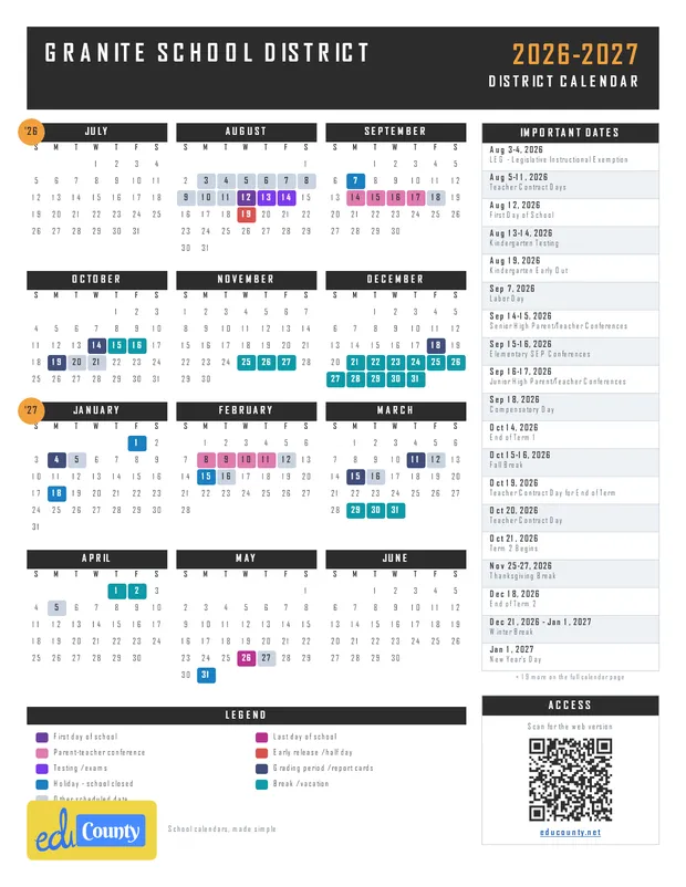 Granite School District printable 2026-27 calendar