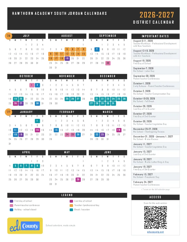 Hawthorn Academy South Jordan Calendars printable 2026-27 calendar