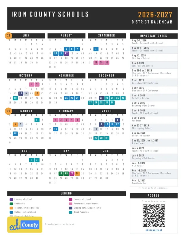 Iron County Schools printable 2026-27 calendar