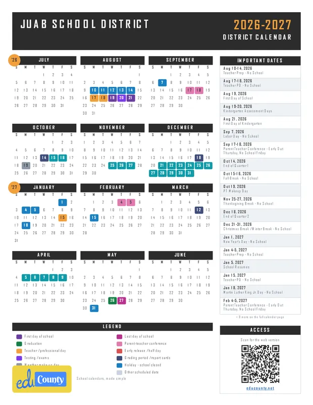Juab School District printable 2026-27 calendar