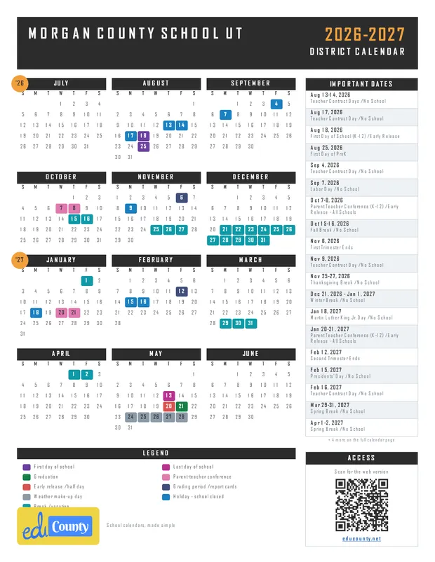 Morgan County School printable 2026-27 calendar