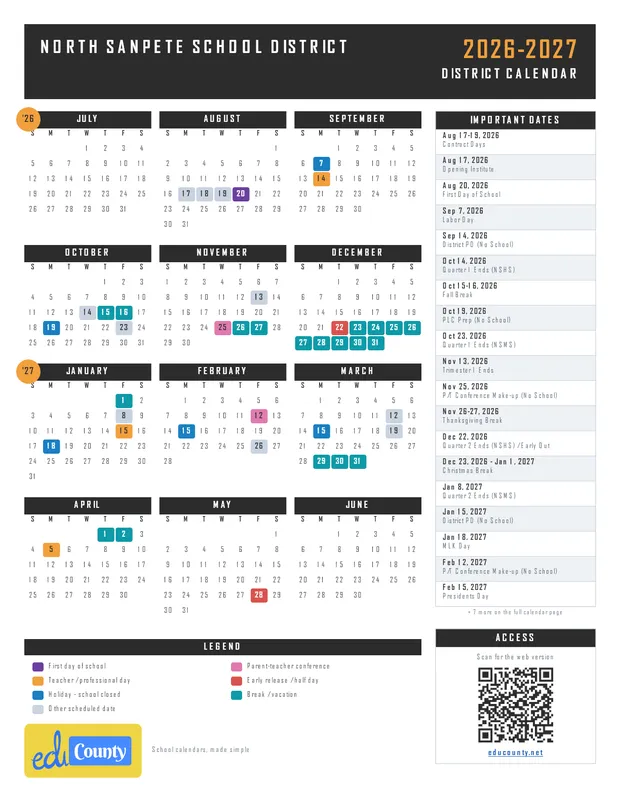 North Sanpete School District printable 2026-27 calendar