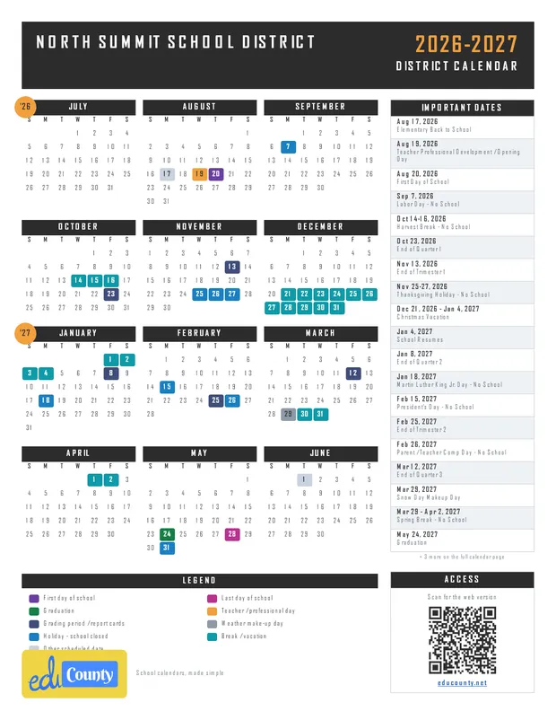North Summit School District printable 2026-27 calendar