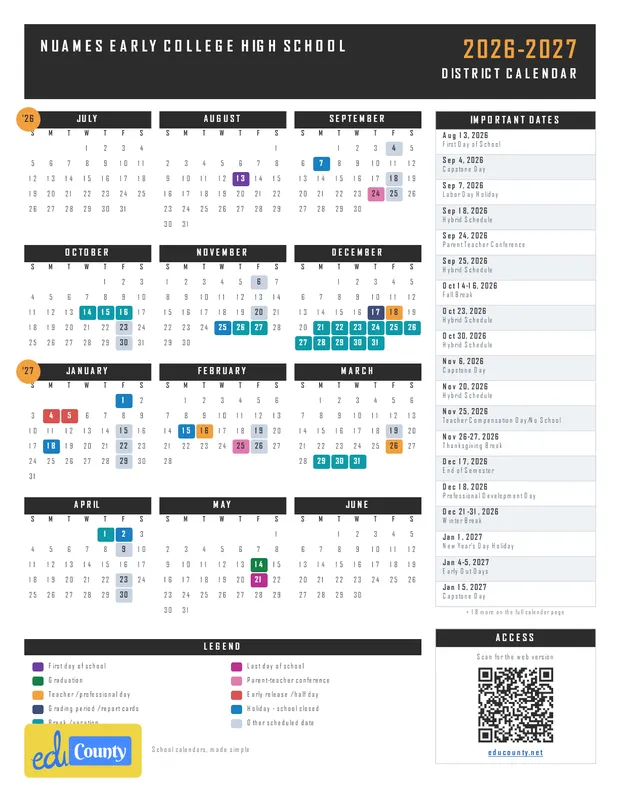 NUAMES Early College High School printable 2026-27 calendar