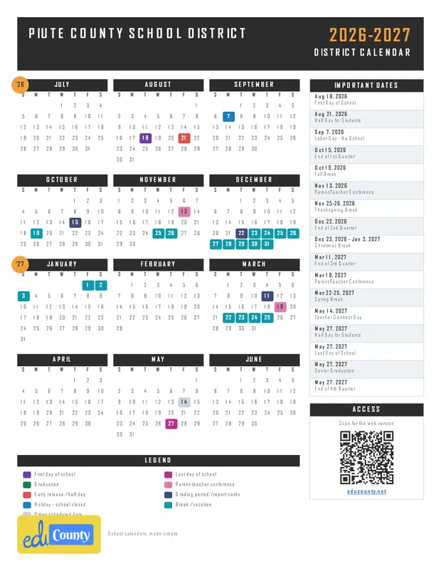 Piute County School District printable 2026-27 calendar