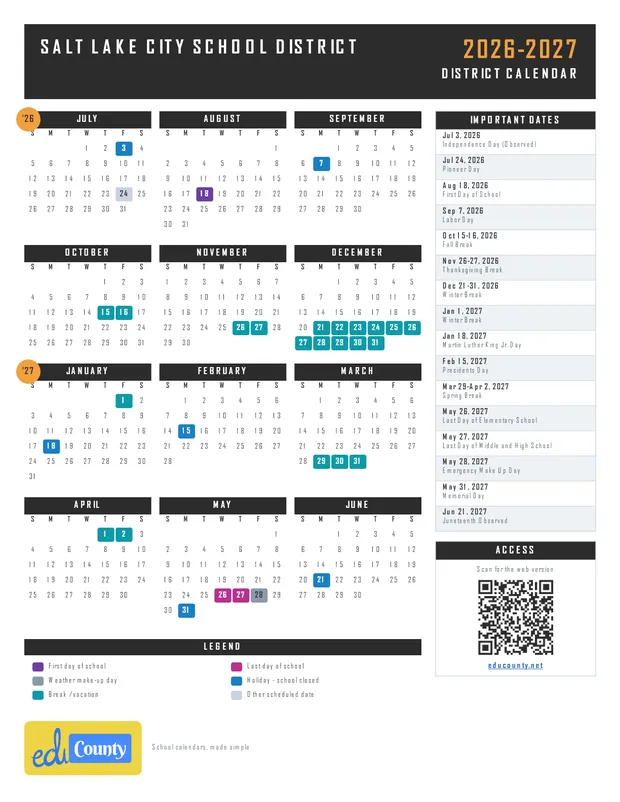 Salt Lake City School District printable 2026-27 calendar