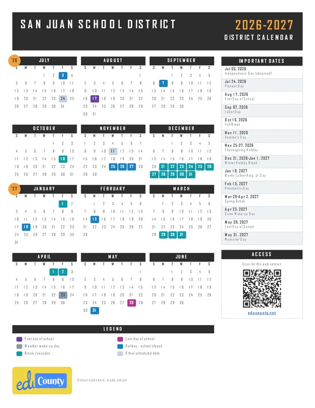 San Juan School District printable 2026-27 calendar