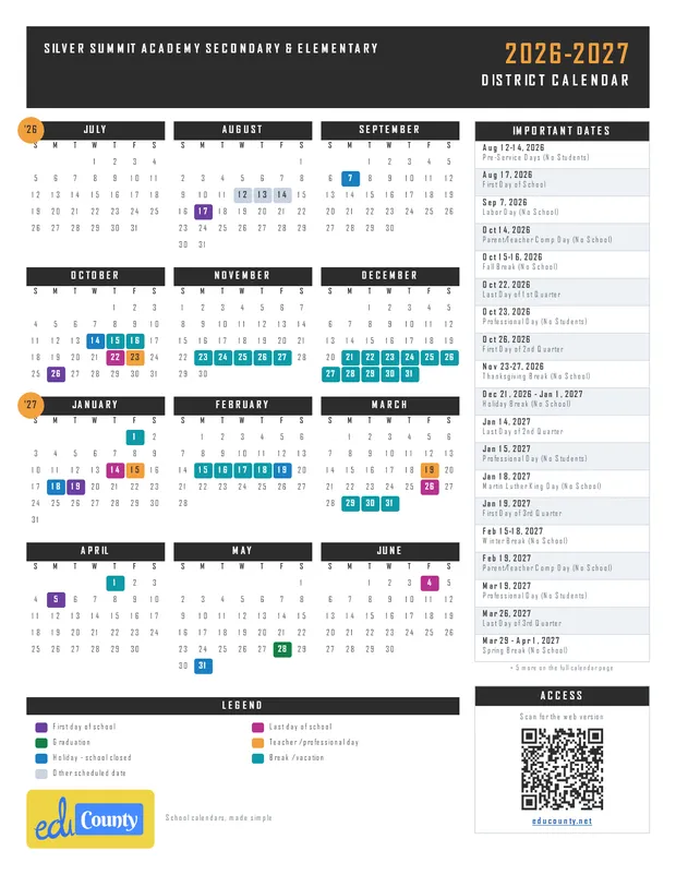 Silver Summit Academy Secondary & Elementary printable 2026-27 calendar