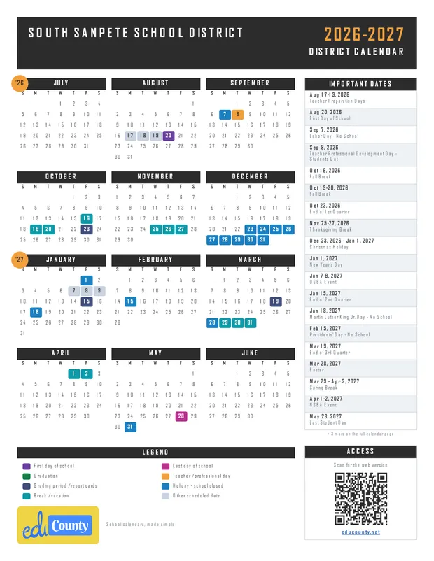 South Sanpete School District printable 2026-27 calendar