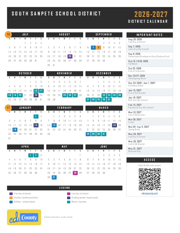 SOUTH SANPETE SCHOOL DISTRICT printable 2026-27 calendar