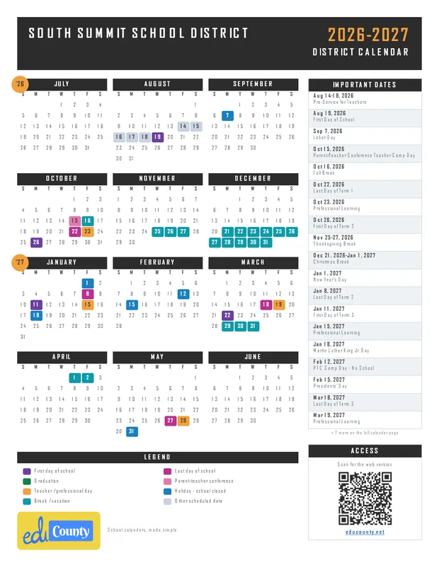 South Summit School District printable 2026-27 calendar