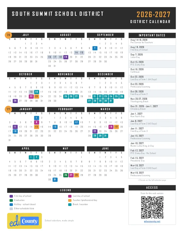 South Summit School District printable 2026-27 calendar