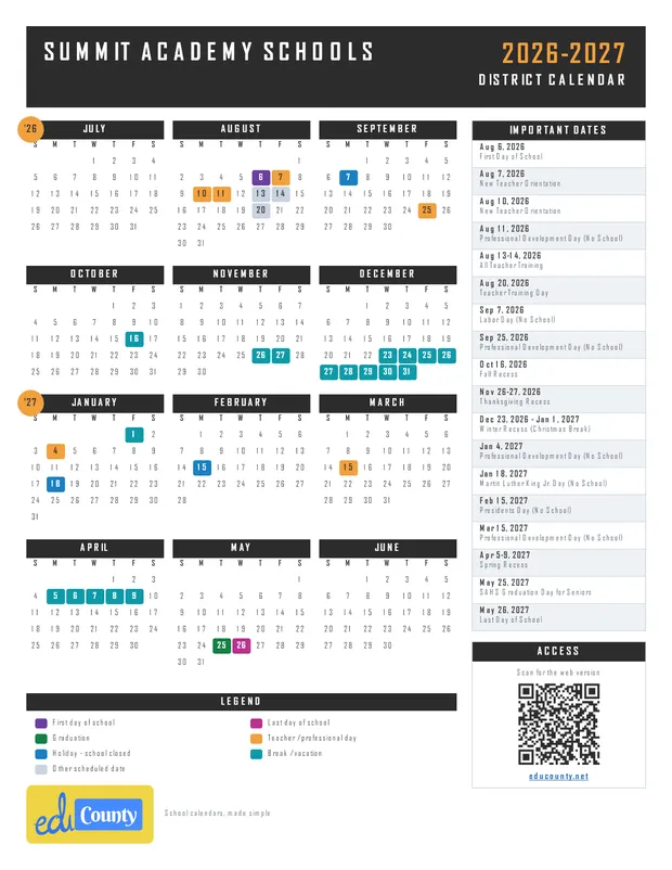 Summit Academy Schools printable 2026-27 calendar
